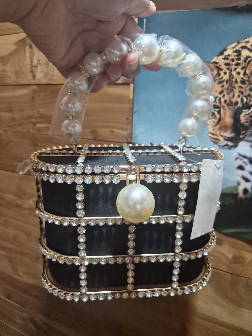Black Pearl-Accent Crystal Cage Wristlet